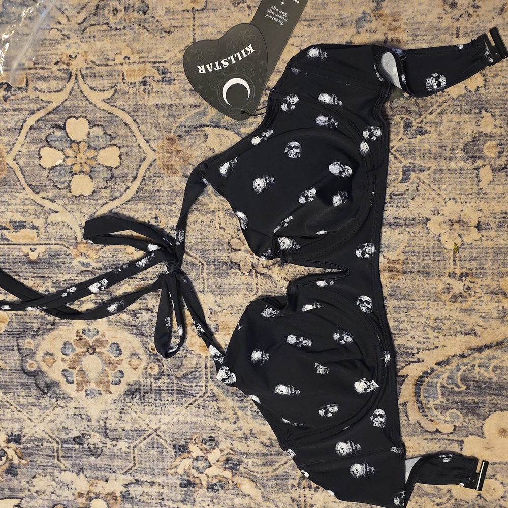 NEW Killstar L Black Skull Print Halter Swim Bra